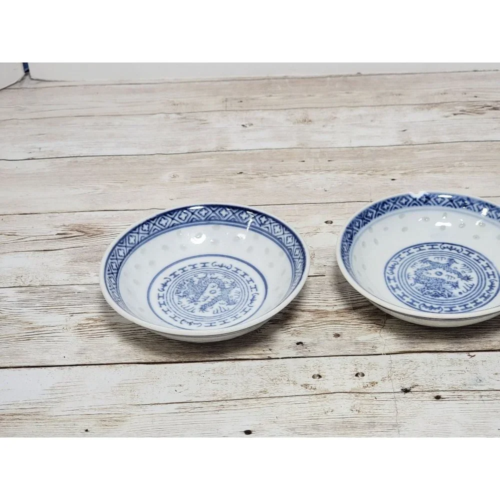 x3 Chinese Rice Grain Small‎ Bowls, Soya Sauce Bowls, Blue and White China